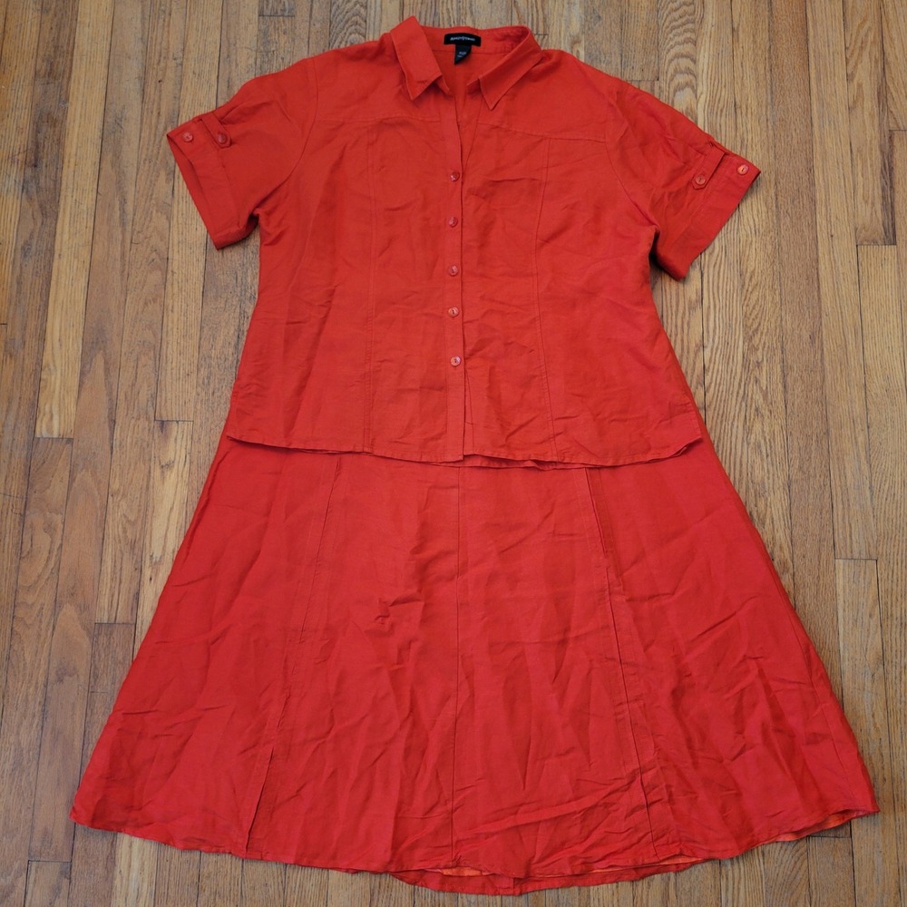 Ashley Stewart 20W Skirt Blouse Orange Linen Short Sleeve Maxi Summer Breathable